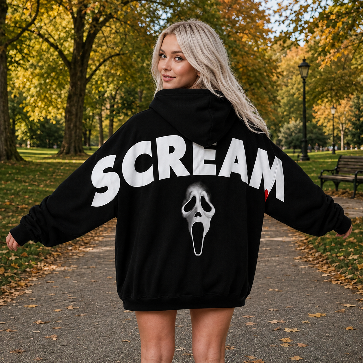 Retro 90's Funny Ghostface Scream Shoulder-to-Shoulder Back Lettering Sweatshirt Hoodie